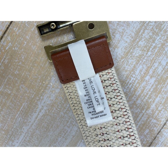 LOFT Boho Stretch Belt Brown Beige Red Stripe Elastic Band w/Faux Leather Trim - Picture 4 of 10